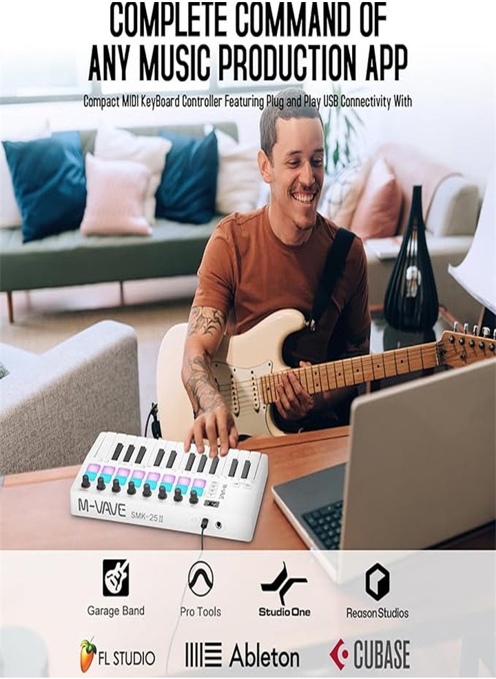 M-Wave - M-Vave SMK 25 MKII - wireless bluetooth midi controller keyboard with 16 backlit pads, 8 buttons, arpeggio, USB, white - Image 1
