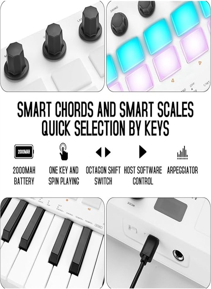 M-Wave - M-Vave SMK 25 MKII - wireless bluetooth midi controller keyboard with 16 backlit pads, 8 buttons, arpeggio, USB, white - Image 1