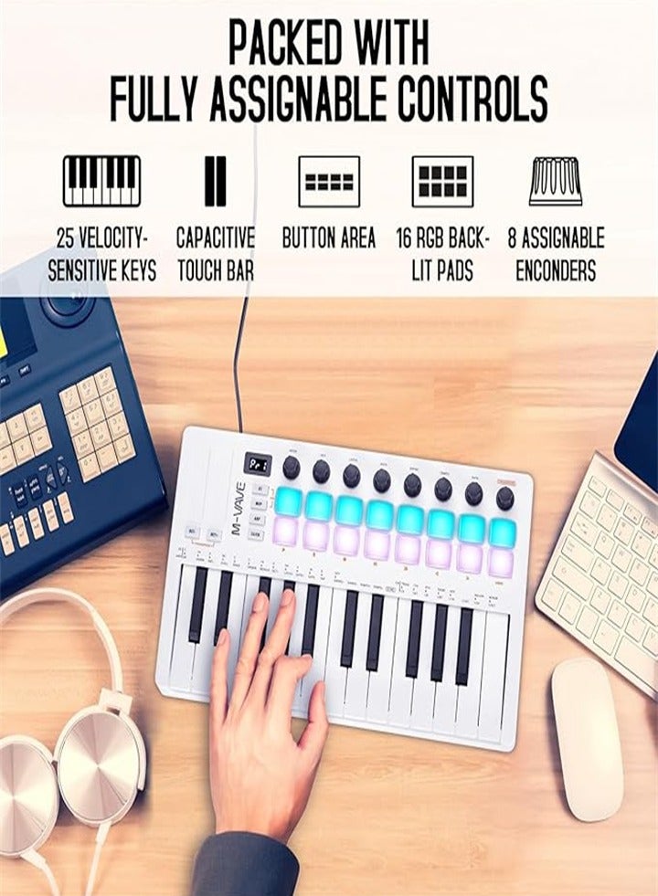 M ويف M-Wave SMK 25 MKII - لوحة مفاتيح ميدي لاسلكية مزودة بخاصية البلوتوث مع 16 لوحة بإضاءة خلفية، و8 أزرار، وأوتار أربيجيو، وUSB، باللون الأبيض - Image 2