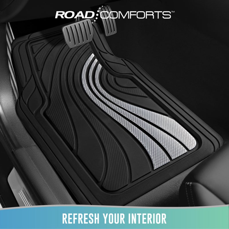 Road Comforts Car Floor Mats Full Set â€“ Front & Rear Car Floor Mats with Aluminum Design, Anti-Slip Backing, All-Weather Protection, Trim-to-Fit Car Mats for Most Sedans, SUVs & Vans - Sliver - Image 2