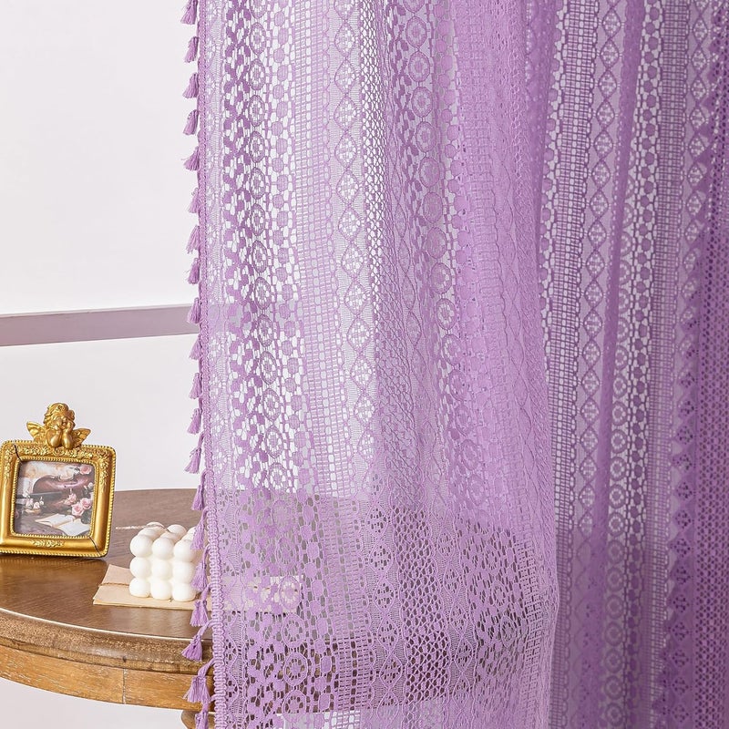 WAZZIO Lavender Purple Sheer Curtains 84 Inches Long 2 Panels, Cotton Semi-Sheer Window Drapes with Tassel Trim, Boho Light Filtering Sheers for Bedroom & Living Room (Set of 2, W59 xL84) - Image 4
