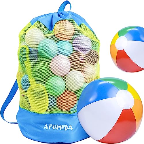 Afomida Mesh Beach Bag Tote Sand Away Beach Backpack Large Swim and Pool Toys Balls Storage Bags, Kids Sea Shell Bag, Beach Sand Toys Collector, Toys Organizer, 2 Kids Inflatable Beach Balls Included - Image 1