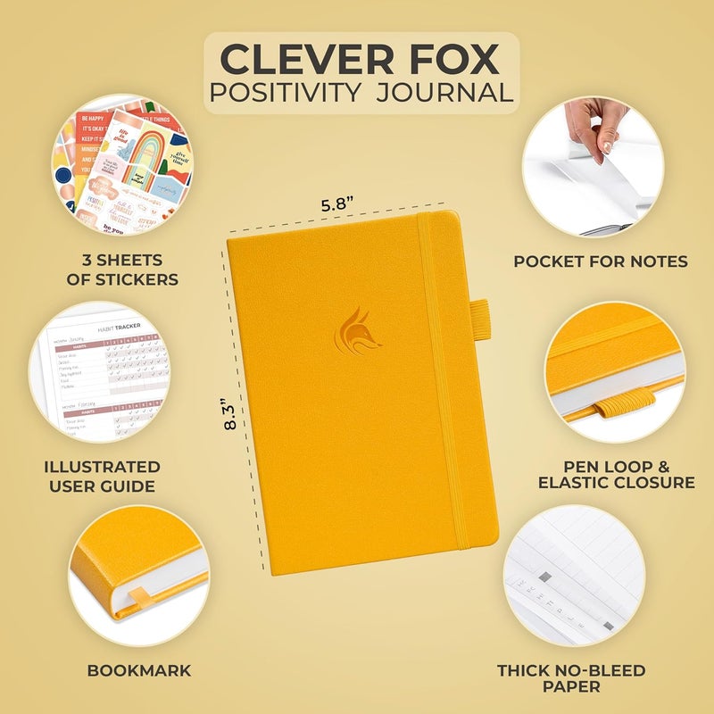 كليفر فوكس دفتر يوميات الإيجابية من Clever Fox – امتنان يومي وتأكيدات مع محفزات – دفتر يوميات الصحة النفسية التحفيزية للرجال والنساء مع متتبع العادات – يدوم 6 أشهر، حجم A5 (أصفر كهرماني) - Image 2