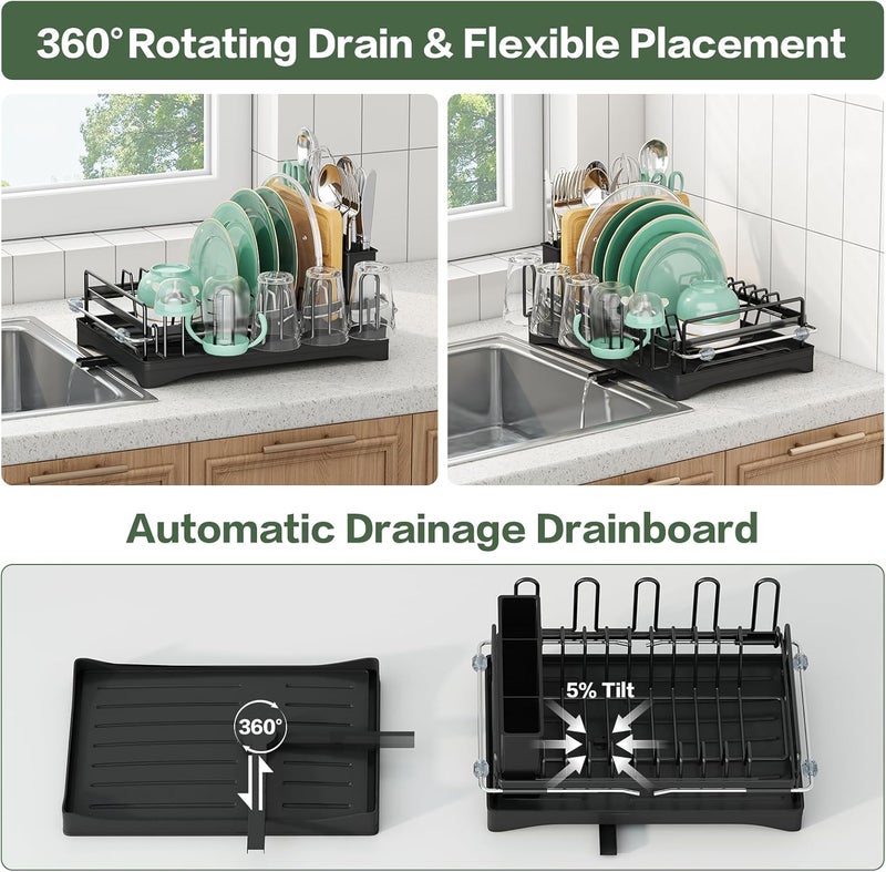 Aufworld Dish Drying Rack, Expandable Rustproof Sink Dish Rack with Drainboard, Over Sink Dish Drainer for Kitchen Counter with Utensil Holder & Cup Rack, Space Saving Dish Dryer Rack for Inside Sink - Image 3