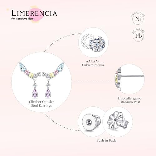 Limerencia Hypoallergenic Titanium Implant Grade Climber Crawler Studs,G23 Small Cubic Zirconia Earrings for Women' Sensitive Ears - Image 3
