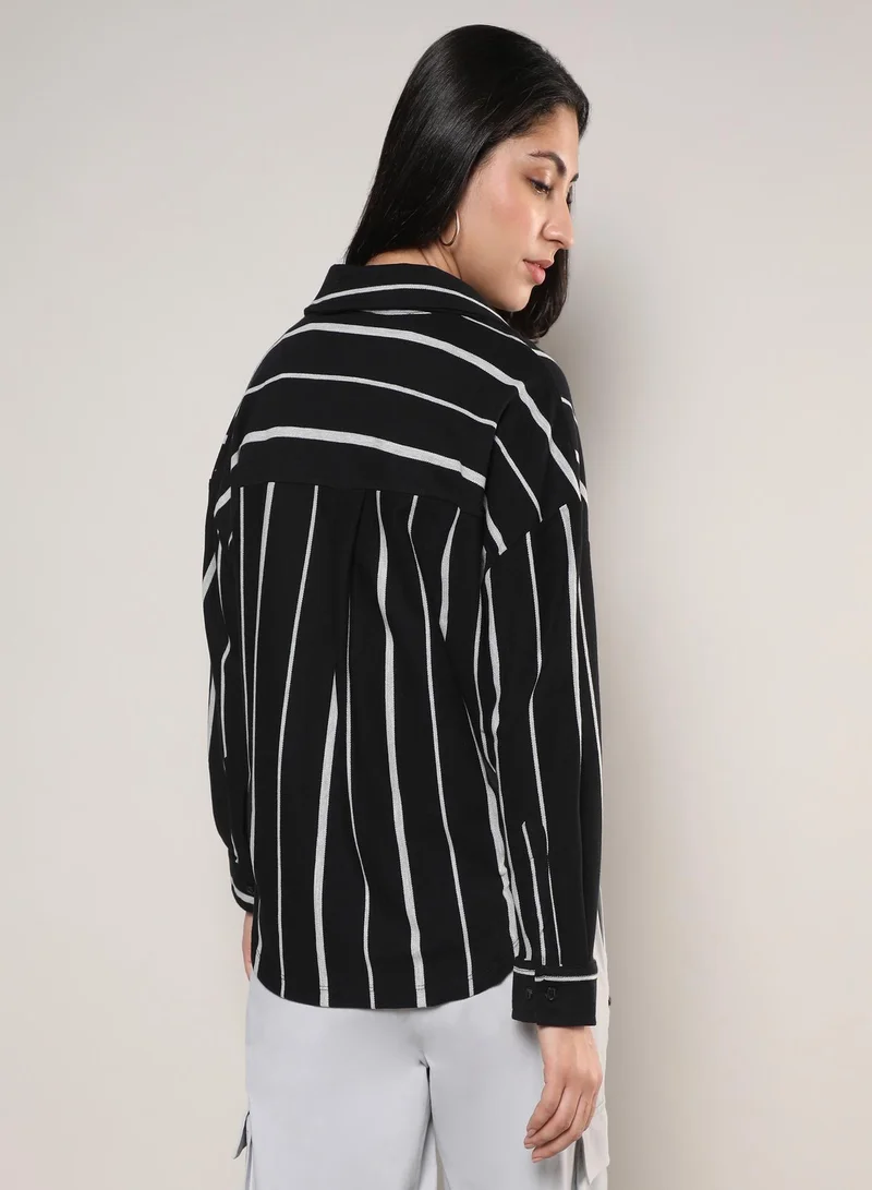 PINACOLADA Pinacolada Women's Midnight Black & Moon Grey Striped Boxy Shirt For Casual Wear | Spread Collar | Long Sleeve | Button Closure | Shirt Designed With Comfortable Fit For Woman & Girls