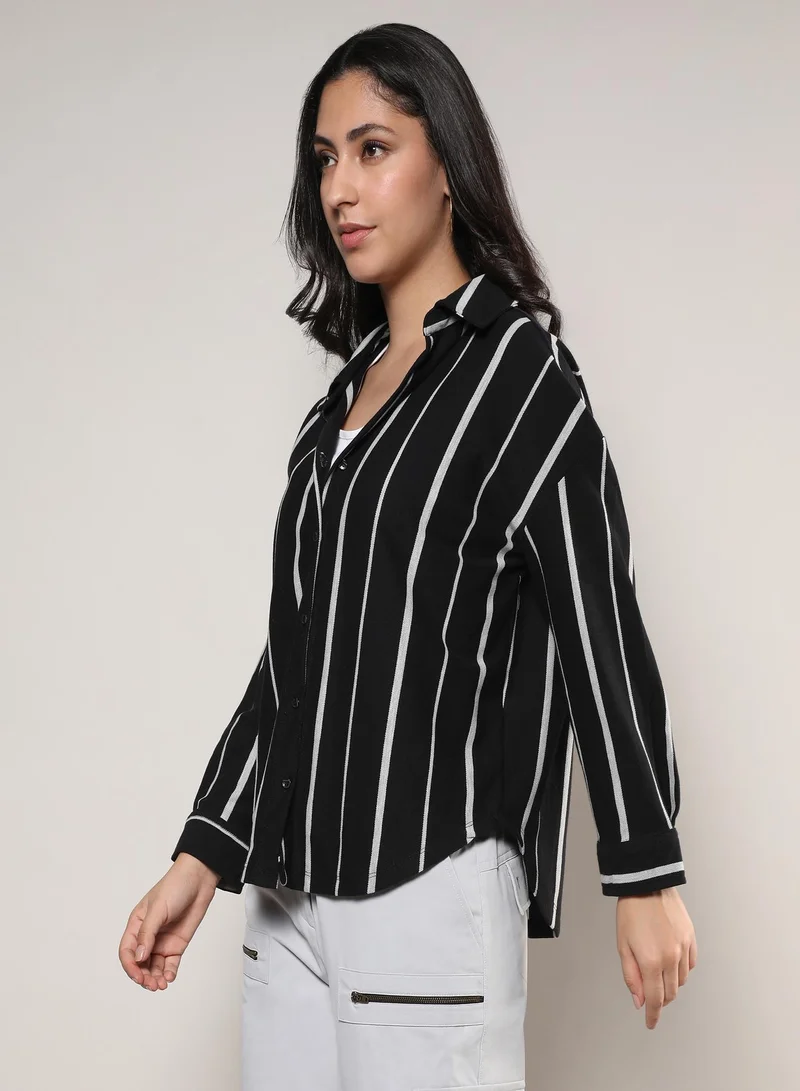 PINACOLADA Pinacolada Women's Midnight Black & Moon Grey Striped Boxy Shirt For Casual Wear | Spread Collar | Long Sleeve | Button Closure | Shirt Designed With Comfortable Fit For Woman & Girls