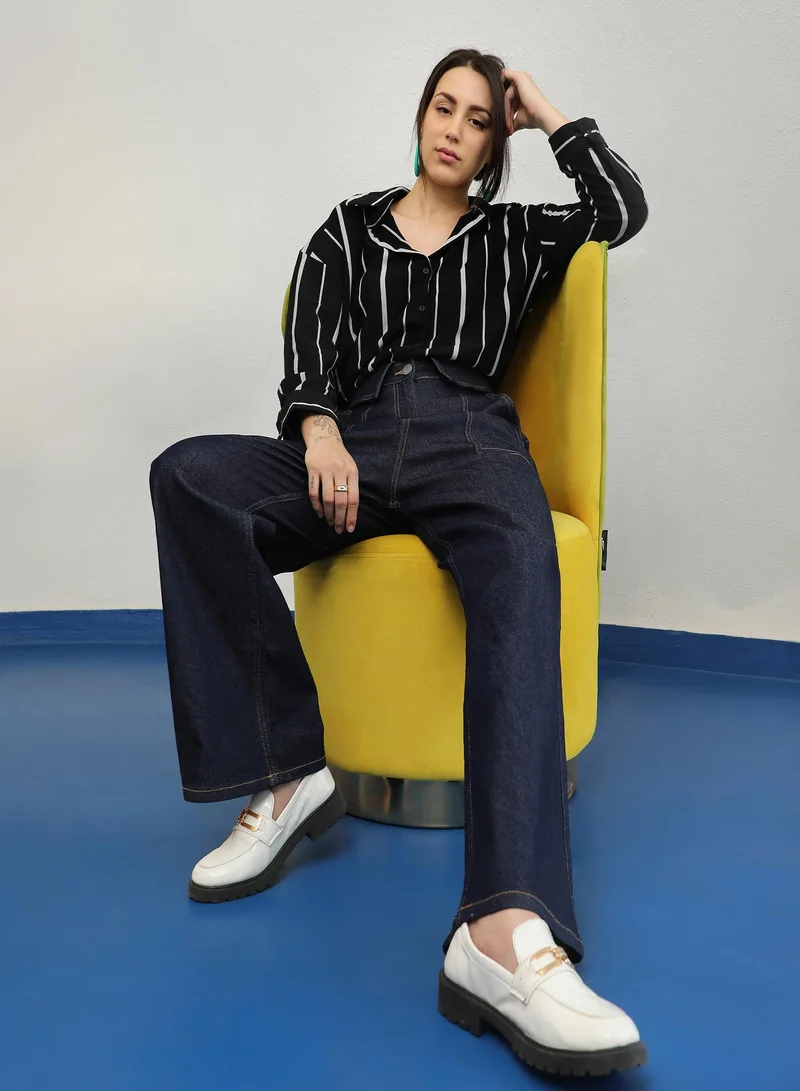 PINACOLADA Pinacolada Women's Midnight Black & Moon Grey Striped Boxy Shirt For Casual Wear | Spread Collar | Long Sleeve | Button Closure | Shirt Designed With Comfortable Fit For Woman & Girls