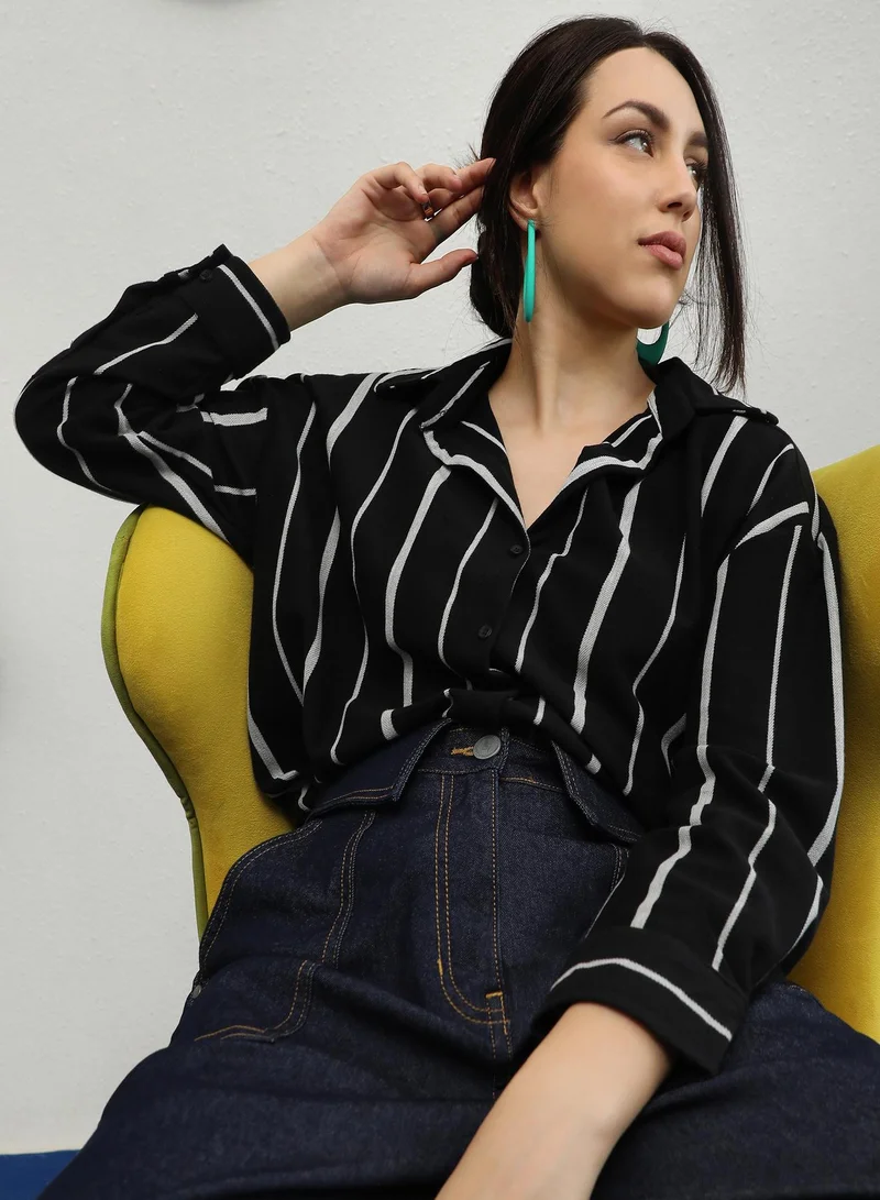 PINACOLADA Pinacolada Women's Midnight Black & Moon Grey Striped Boxy Shirt For Casual Wear | Spread Collar | Long Sleeve | Button Closure | Shirt Designed With Comfortable Fit For Woman & Girls
