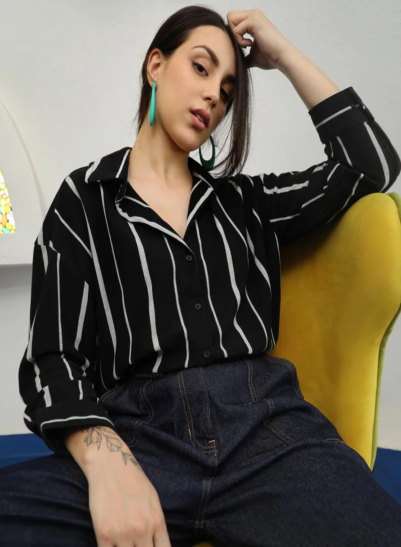 PINACOLADA Pinacolada Women's Midnight Black & Moon Grey Striped Boxy Shirt For Casual Wear | Spread Collar | Long Sleeve | Button Closure | Shirt Designed With Comfortable Fit For Woman & Girls
