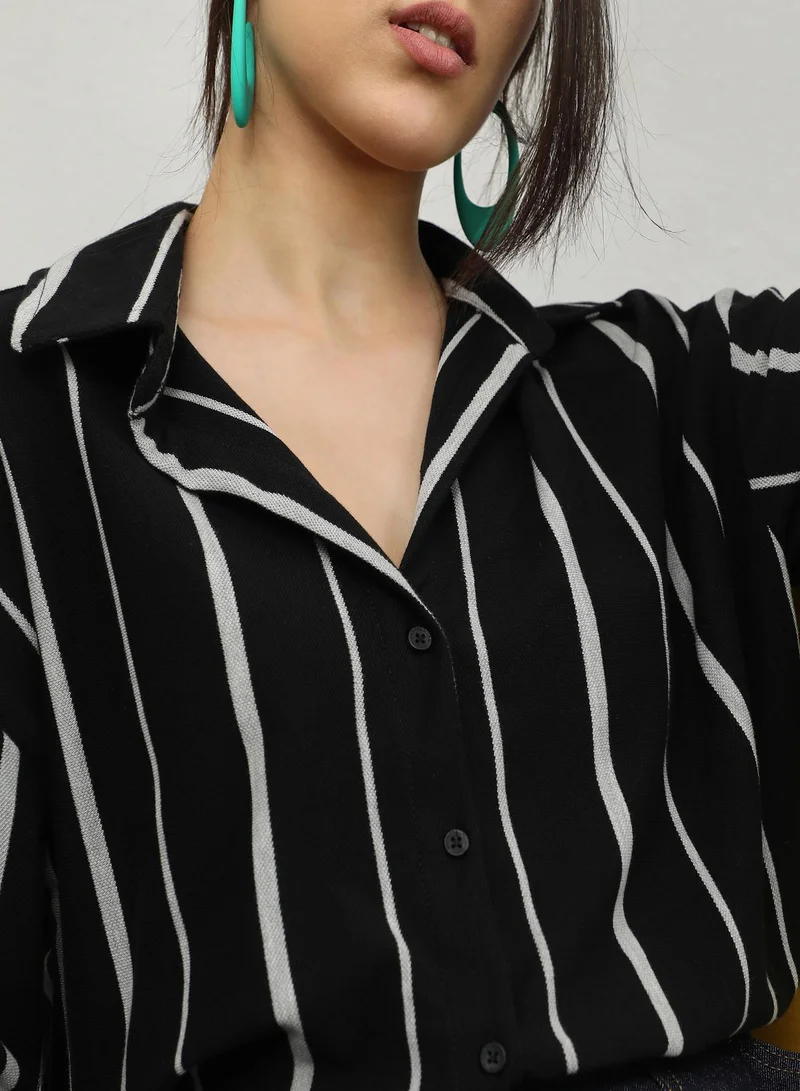PINACOLADA Pinacolada Women's Midnight Black & Moon Grey Striped Boxy Shirt For Casual Wear | Spread Collar | Long Sleeve | Button Closure | Shirt Designed With Comfortable Fit For Woman & Girls