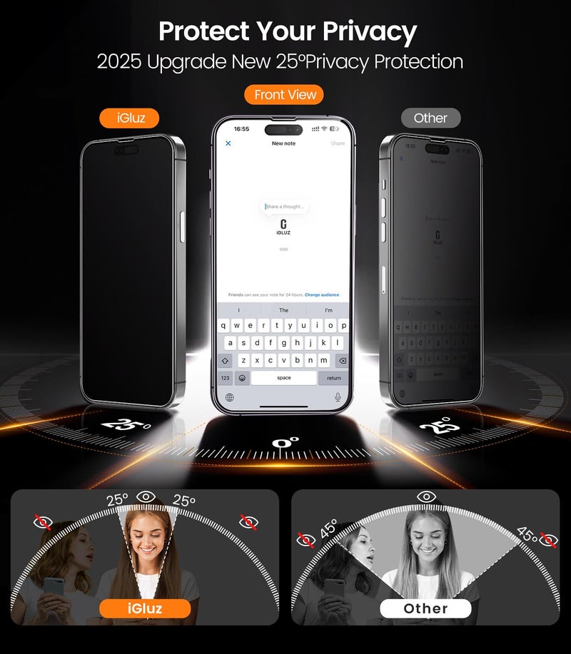 iGluz 4+2 Pack for iPhone 16 Privacy Screen Protector with Camera Lens Protector 6.1 inch,9H+Tempered Glass[12FT Military Grade Shatterproof &100% Anti-Spy],3D Micro-Curved Edges[Longest Durable] - Image 3