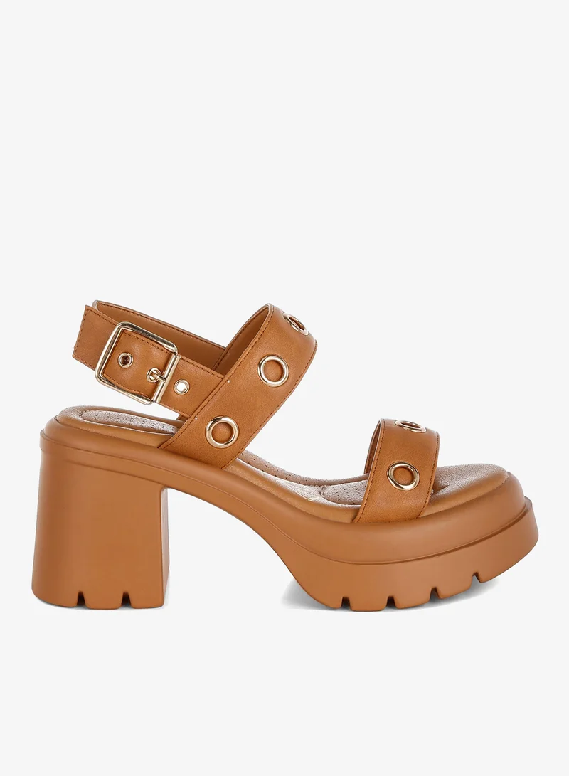 Eyelet Detail Platform Heel Sandals in Tan