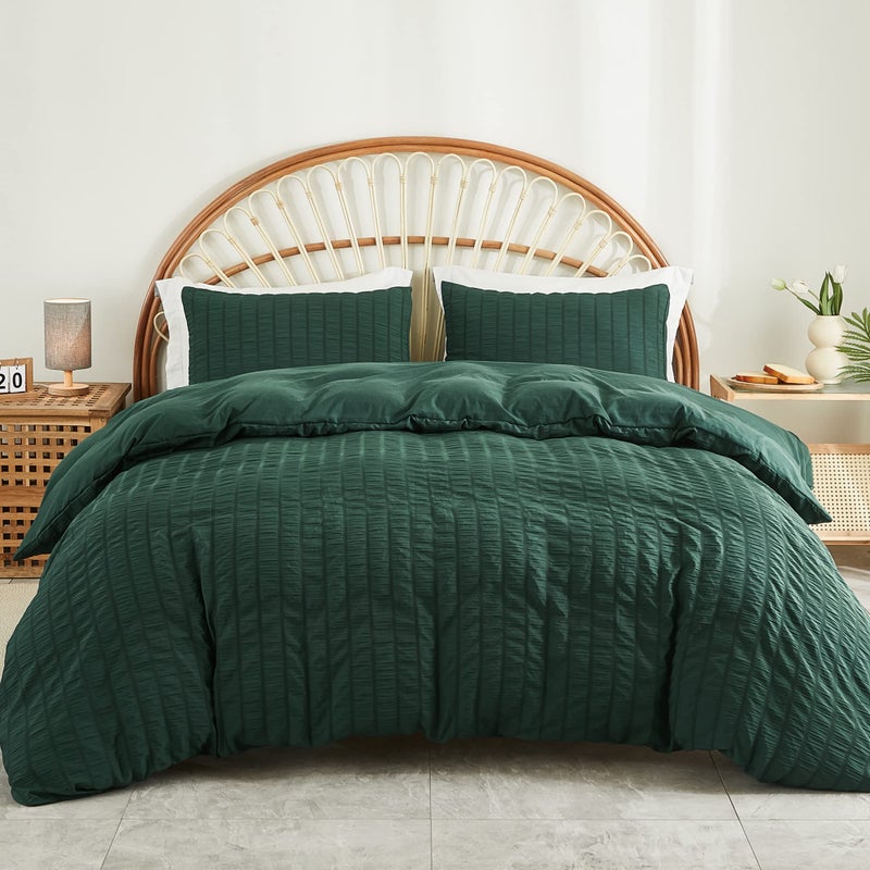AveLom Dark Green Seersucker Duvet Cover Set Queen Size 90 x 90 inches 3 Pieces 1 Duvet Cover 2 Pillow Cases Ultra Soft Washed Microfiber Textured Duvet Cover with Zipper Closure Corner Ties