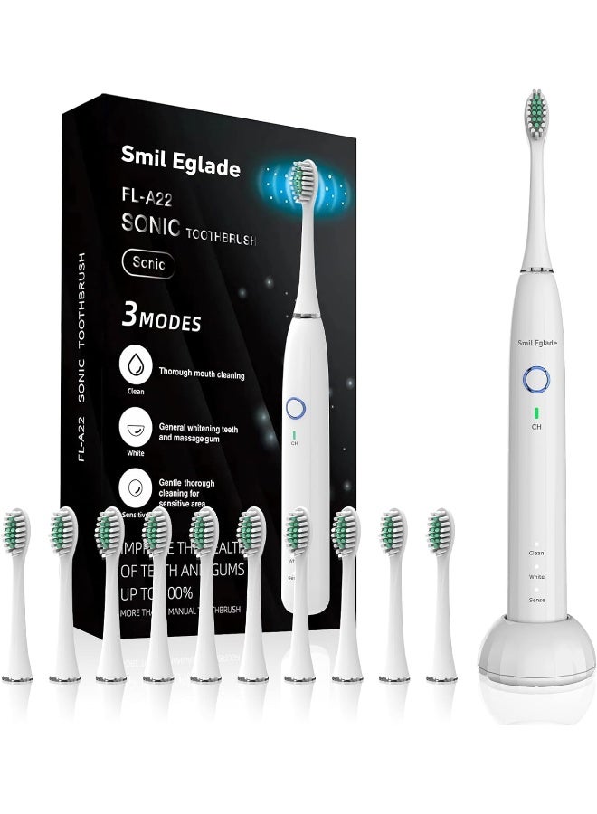 NBGRLVS Rechargeable Sonic Electric Toothbrush for Adults with 10 Brush Heads 3 Modes 2 Minute Smart Timer and Fast 4 Hour Charge Perfect for Travel and Easy Dental Care White