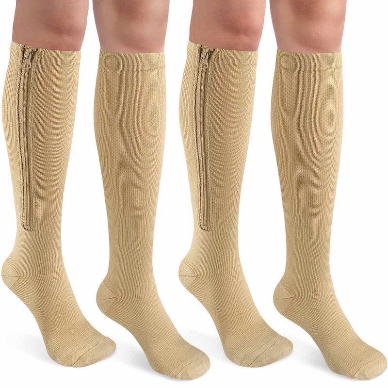 CASMON 2 Pairs Zipper Compression Socks for Women & Men,15-20 mmHg Closed Toe Knee High Support Sock for Varicose Vein Edema - Image 1