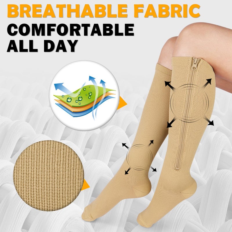 CASMON 2 Pairs Zipper Compression Socks for Women & Men,15-20 mmHg Closed Toe Knee High Support Sock for Varicose Vein Edema - Image 4