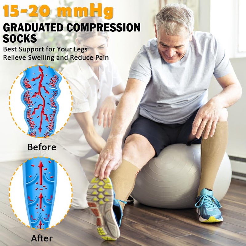 CASMON 2 Pairs Zipper Compression Socks for Women & Men,15-20 mmHg Closed Toe Knee High Support Sock for Varicose Vein Edema - Image 2