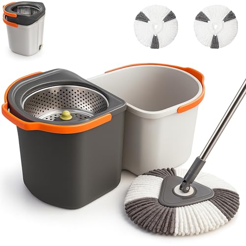 Oumffy 360 Degree Rotation Mop Set with Bucket, Floor Mop Complete Set with Adjustable Stainless Steel Handle & Foot Pedal, Foldable Cleaning Bucket with Super Water Absorbent Mat - Simple Grey - Image 1