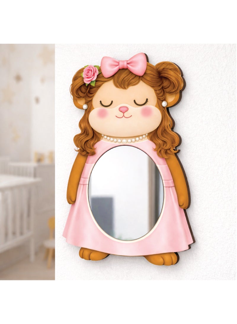 A children's wall mirror in the shape of a cartoon monkey for girls, made of high-quality wood with a cute and fun design, safe for children and unbreakable, lightweight and easy to install, ideal for decorating children's rooms and adding a beautiful and cheerful touch to the place. - Image 1