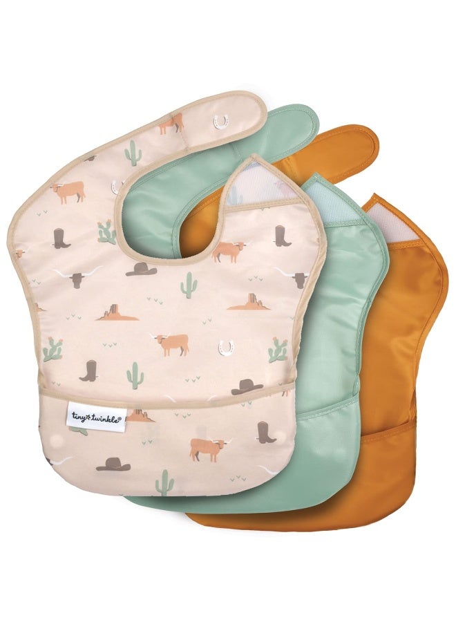 Tiny Twinkle Mess Proof Baby Bibs for Eating - Waterproof, Wipeable Bibs - Toddler Bibs - Travel Friendly - PFAS, PVC, BPA, Phthalate Free - Baby Food Bibs(3 Pack,Cowboy) - Image 1