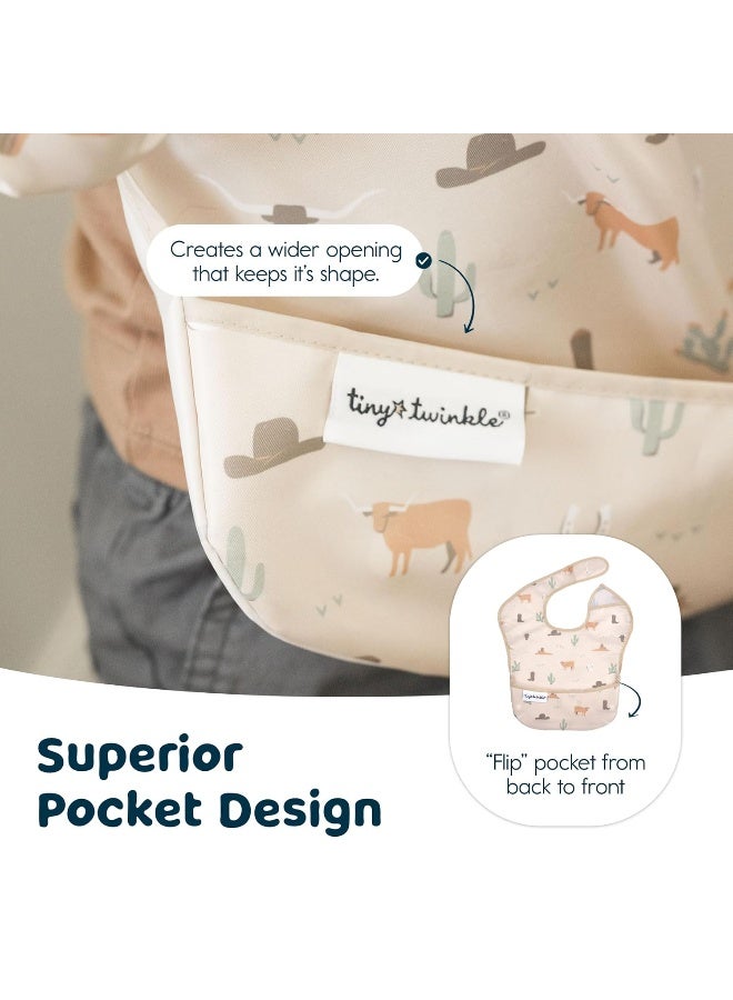 Tiny Twinkle Mess Proof Baby Bibs for Eating - Waterproof, Wipeable Bibs - Toddler Bibs - Travel Friendly - PFAS, PVC, BPA, Phthalate Free - Baby Food Bibs(3 Pack,Cowboy) - Image 5