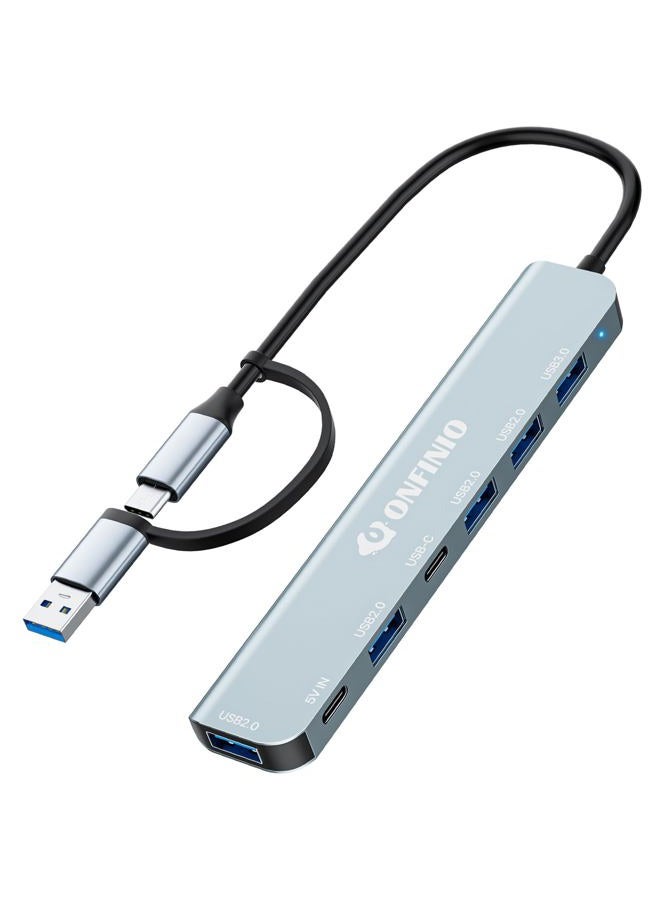ONFINIO USB C/USB Hub Multiport Adapter,7 in 1 Aluminum USB 3.0 Hub with 1 *USB 3.0, 4*USB 2.0,1*USB C and 1 * 5IN Power Port for PC/Laptop/MacBook/iPad Pro and More Devices - Image 1
