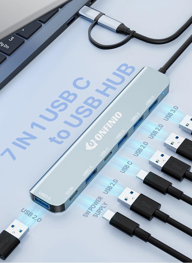 ONFINIO USB C/USB Hub Multiport Adapter,7 in 1 Aluminum USB 3.0 Hub with 1 *USB 3.0, 4*USB 2.0,1*USB C and 1 * 5IN Power Port for PC/Laptop/MacBook/iPad Pro and More Devices - Image 2