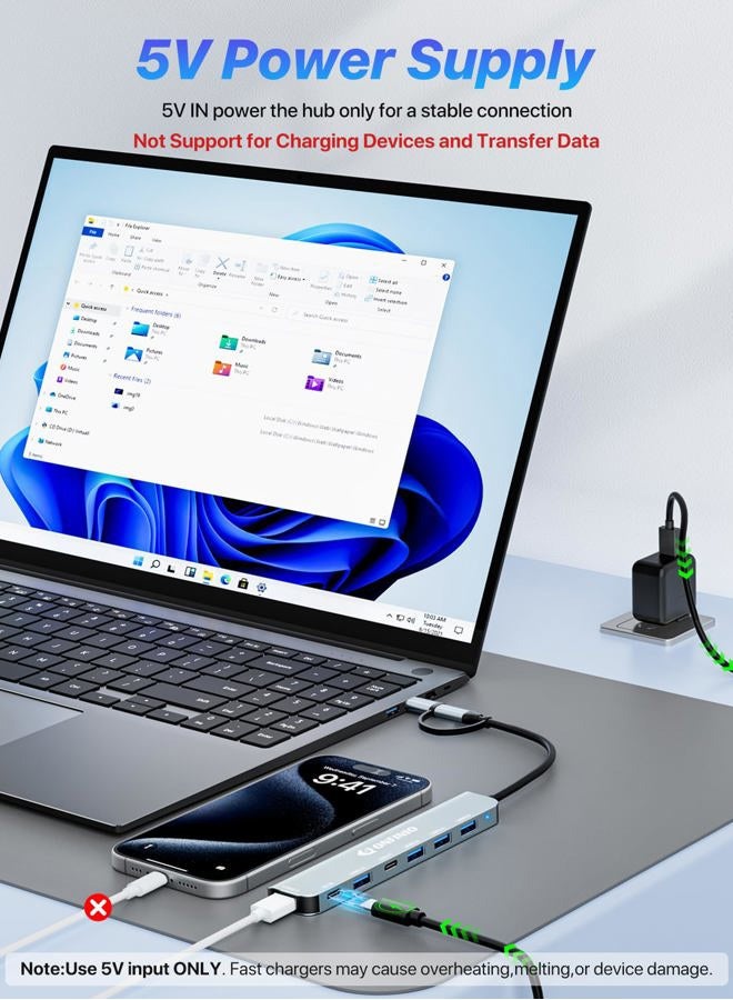 ONFINIO USB C/USB Hub Multiport Adapter,7 in 1 Aluminum USB 3.0 Hub with 1 *USB 3.0, 4*USB 2.0,1*USB C and 1 * 5IN Power Port for PC/Laptop/MacBook/iPad Pro and More Devices - Image 4