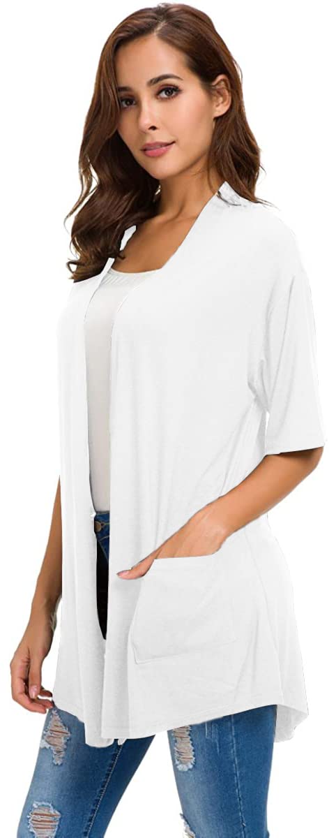 ADANIKI Womens Short Sleeve Open Front Lightweight Casual Comfy Long Line Drape Hem Soft Modal Cardigans Sweater with Two Pockets (White, M) - Image 5
