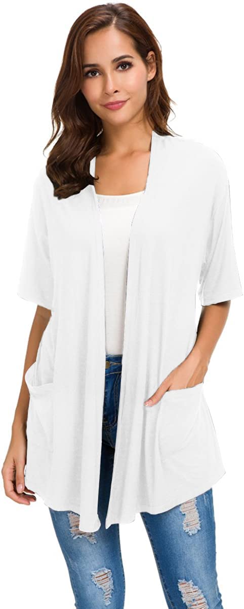 ADANIKI Womens Short Sleeve Open Front Lightweight Casual Comfy Long Line Drape Hem Soft Modal Cardigans Sweater with Two Pockets (White, M) - Image 1