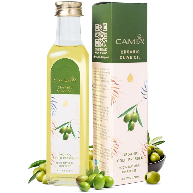 CAMIA Organic Cold Pressed Olive Oil for Skin Hair Natural Skincare Hair Treatment Strengthen Hair Roots Deeply Moisturizes Skin 250 ML Glass Bottle - Image 1