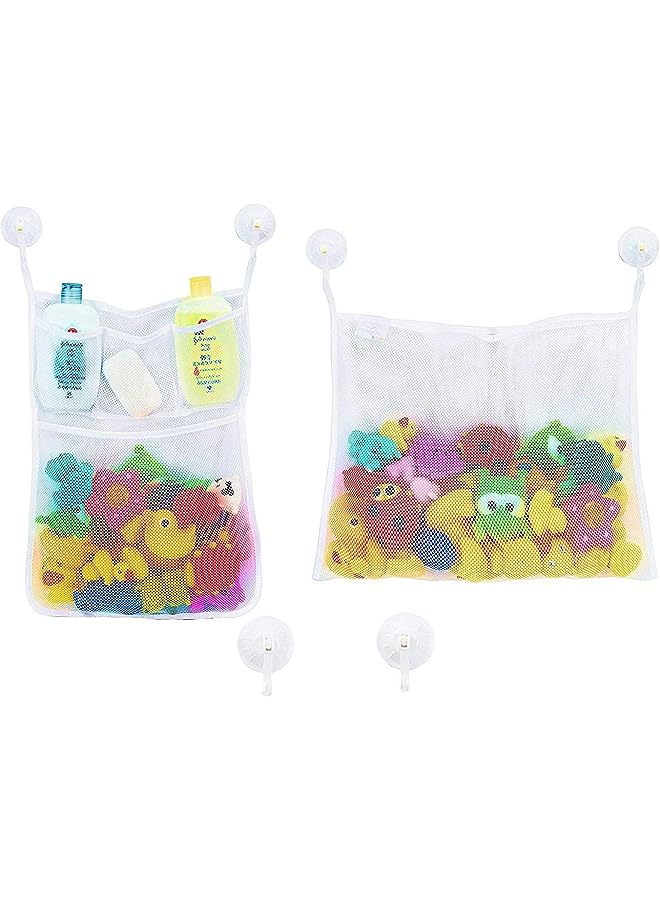 Raxoom Toy Storage Organizer Baby Bathtub Toy Holder, 2 Mesh Net + 6 Anti-Slip Hooks, Bathroom Storage Shower Shampoo Soap Organizer (White Mesh) - Image 1