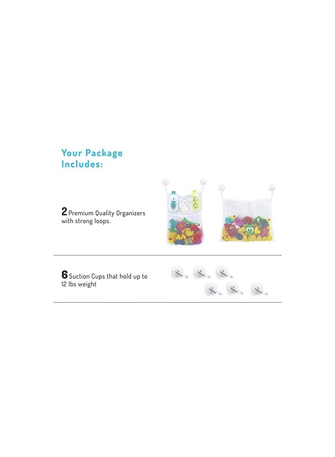 Raxoom Toy Storage Organizer Baby Bathtub Toy Holder, 2 Mesh Net + 6 Anti-Slip Hooks, Bathroom Storage Shower Shampoo Soap Organizer (White Mesh) - Image 3