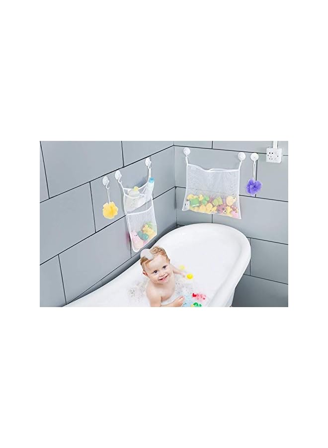 Raxoom Toy Storage Organizer Baby Bathtub Toy Holder, 2 Mesh Net + 6 Anti-Slip Hooks, Bathroom Storage Shower Shampoo Soap Organizer (White Mesh) - Image 5