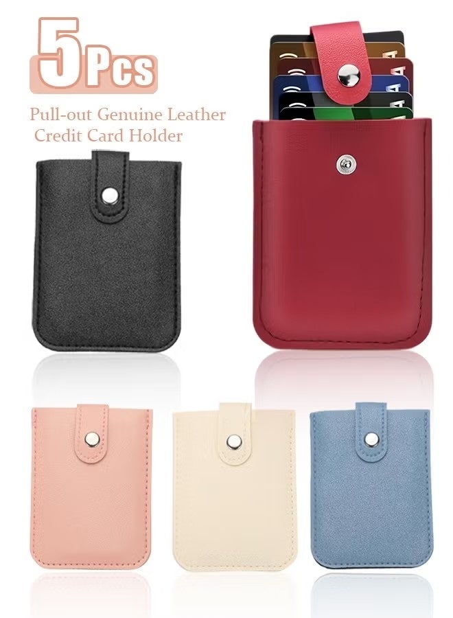 5 Pieces Pull-Out Leather Credit Card Holder for Women, Snap Closure Slim Thin Pocket Wallet Pouch, Stackable Credit Card Organizer for Travel Men Gift (5 Colors) - Image 1