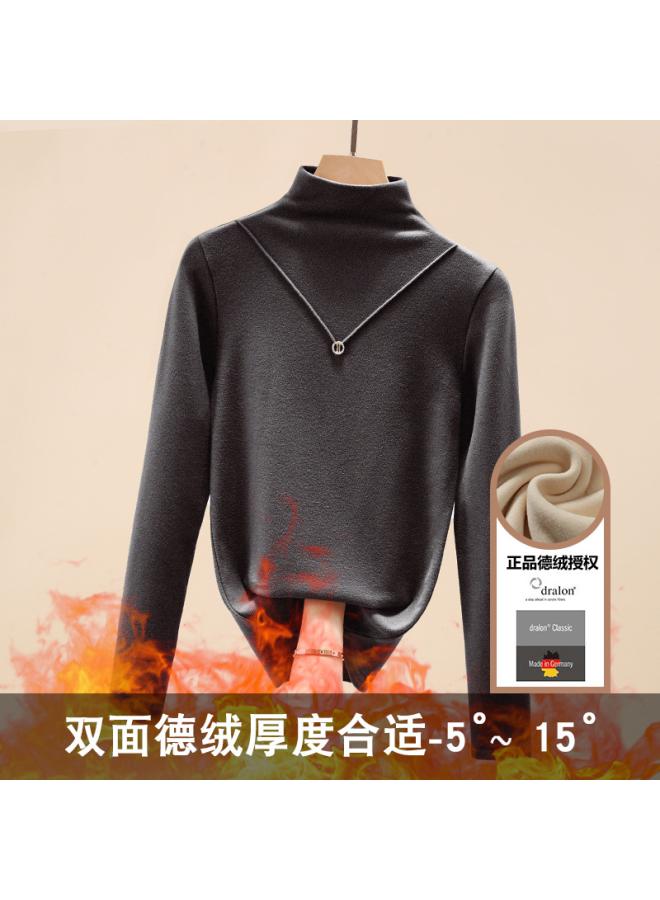 Double-sided Velvet Bottoming Shirt For Women Spring And Autumn With Western Style Half Turtleneck Fleece-lined Women's Long-sleeved T-shirt Warm Top
