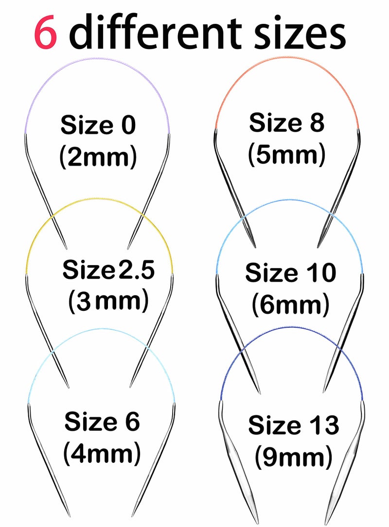 cuteDIY Circular Knitting Needles 16 Inch Set Round Metal Kit Size 13 10 8 6 2.5 0 (Etched US&mm, Color-Coded Cable, Smooth Join) - Image 2