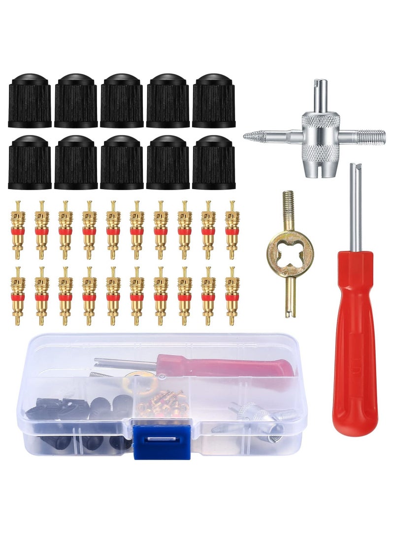 33PCS Tyre Valve Core Tool Kit, Valve Core Remover Tools Including 20pcs Valve Cores 10pcs Valve Caps 1pc Single Head Valve Core Remover 1pc Dual Head Valve Tool 1pc 4 Way Valve Tool - Image 1
