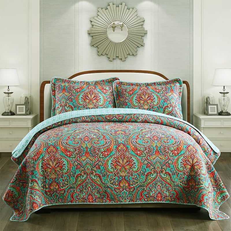 NEWLAKE Cotton Bedspread Quilt Sets-Reversible Patchwork Coverlet Set, European Gorgeous Floral Pattern, Queen Size - Image 1