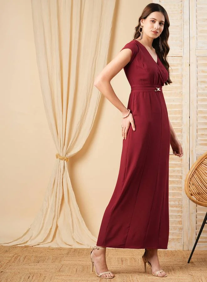 Mish Mish Surplice V Neck Maxi Dress with Buckle Accent