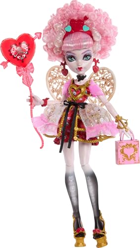 Monster High Scary Sweet Birthday Doll, Cupid Asteria in Pink and Red Party Dress with Themed Accessories Like Invite, Balloon, Gift and More - Image 1