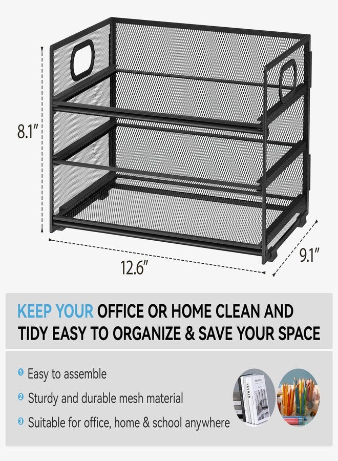 Subekyu 3 Tier Paper Letter Tray Organizer for Desk, Black Metal Mesh Desk File Folder Sorter Organizer with Handle and Sliding Tray for Home, Office, School Supplies Organization Storage - Image 2