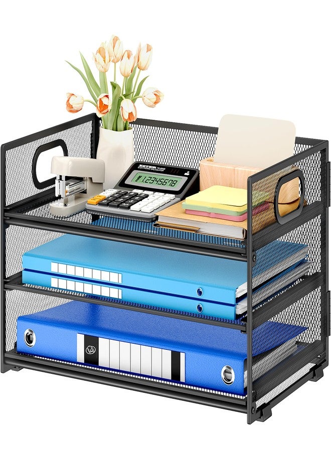 Subekyu 3 Tier Paper Letter Tray Organizer for Desk, Black Metal Mesh Desk File Folder Sorter Organizer with Handle and Sliding Tray for Home, Office, School Supplies Organization Storage - Image 1