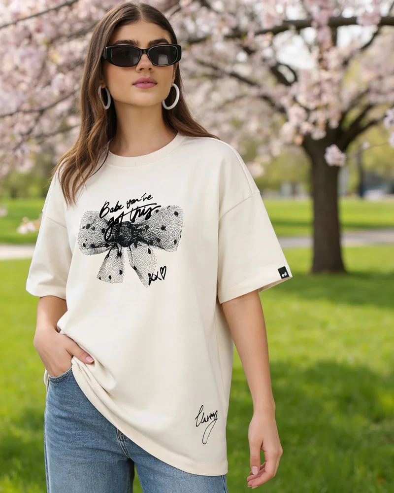 Women's Beige Glassy Graphic Printed Oversized T-shirt