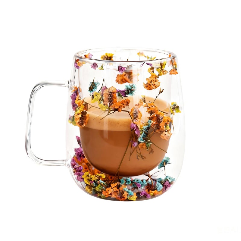 Toparad Double Wall Glass Coffee Mugs, Cute Clear Flower Cups with Handle, Unique Double Insulated Glass Cup for Cappuccino Tea Espresso Latte Hot Beverages, Birthday Gifts for Mother Women (12oz) - Image 1