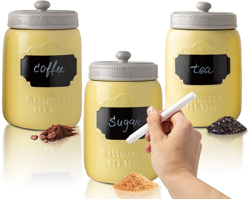 Mason Jar Ceramic Canister Set for Kitchen Set of 3 Decorative Storage Containers with AirTight Lids for Coffee Sugar More Country Style Storage wReusable Writable Surface 1285ozCanister