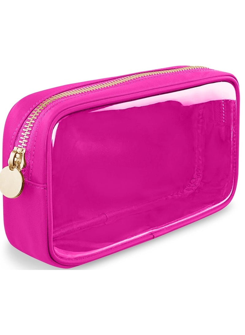 jaexest Small Clear Travel Makeup Organizer Bag for Purse, Preppy Makeup Bag Cute Cosmetic Zipper Pouch Purse, Transparent PVC & Nylon Waterproof Toiletry Storage Clutch Coin Pouch for Women Girls(Hot Pink) - Image 1