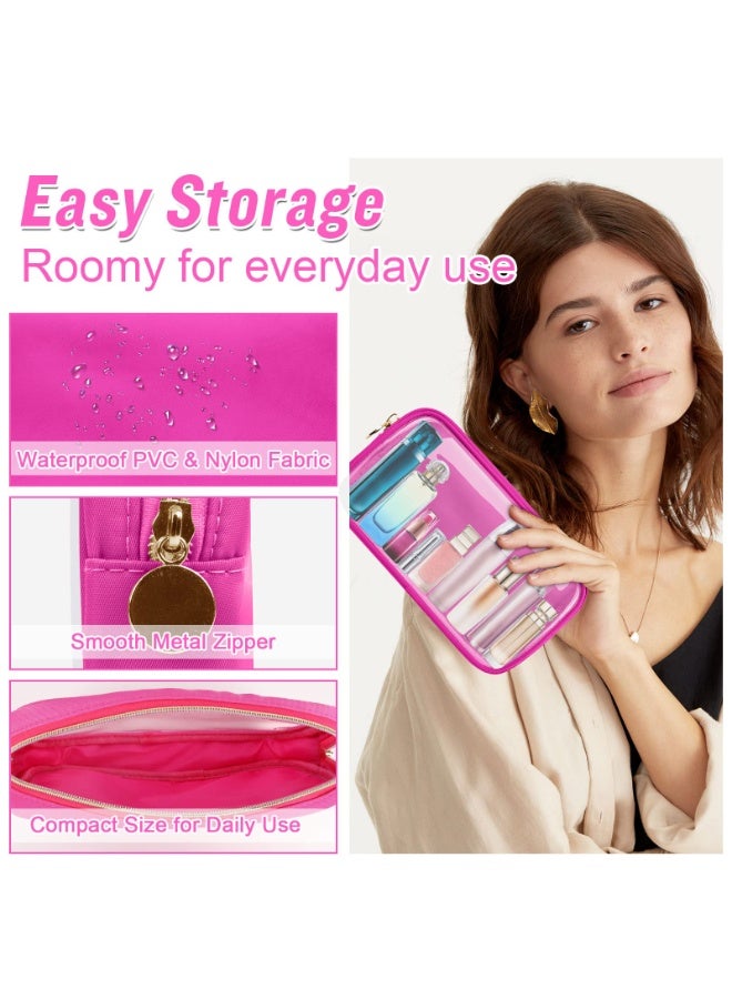jaexest Small Clear Travel Makeup Organizer Bag for Purse, Preppy Makeup Bag Cute Cosmetic Zipper Pouch Purse, Transparent PVC & Nylon Waterproof Toiletry Storage Clutch Coin Pouch for Women Girls(Hot Pink) - Image 3