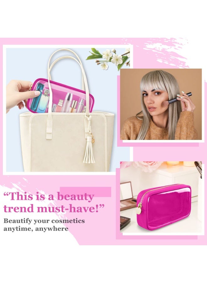 jaexest Small Clear Travel Makeup Organizer Bag for Purse, Preppy Makeup Bag Cute Cosmetic Zipper Pouch Purse, Transparent PVC & Nylon Waterproof Toiletry Storage Clutch Coin Pouch for Women Girls(Hot Pink) - Image 5